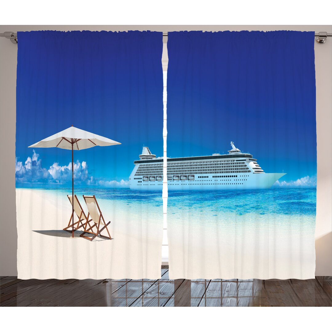 2-tlg. Vorhang-Set Summer Beach Cruise Boat Trip Tourism Transportation Tranquil Nautical Outdoor, halbtransparent