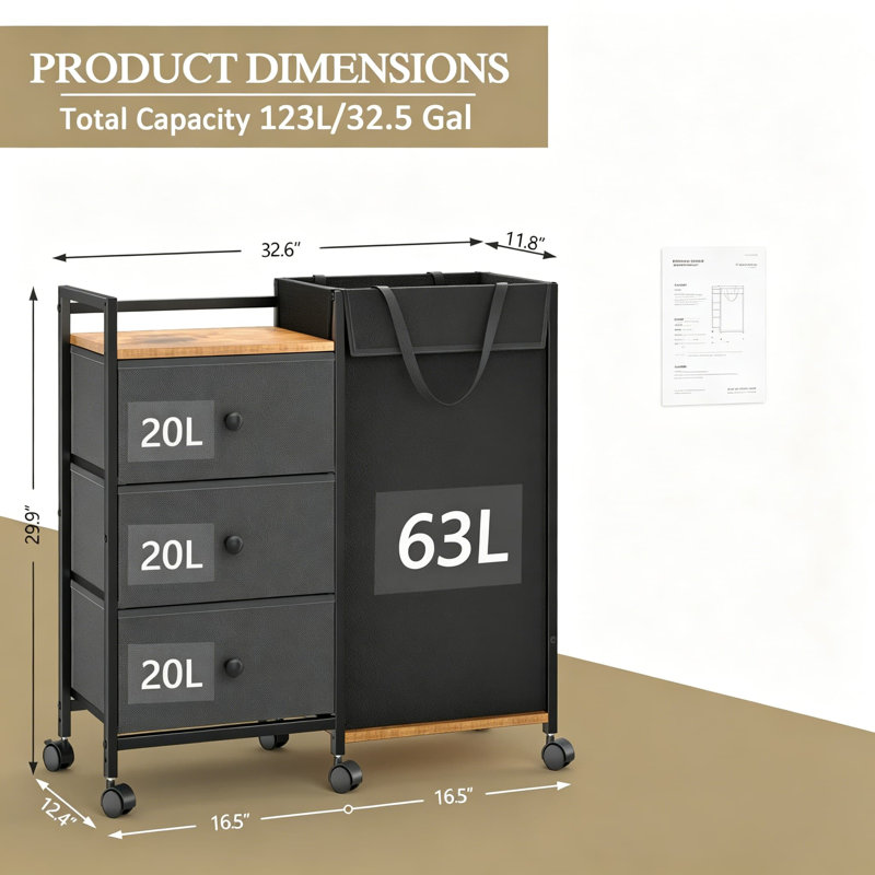 Laundry Hamper with Wheels, 123L/32.5 Gal 3-Drawer Laundry Sorter with Shelf and Detachable Bags, Rolling Clothes Hamper Cabinet with Wood Tabletop for Bedroom Bathroom Laundry Room