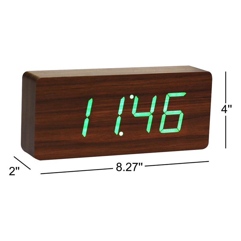 Modern & Contemporary Digital Wood Electric Tabletop Clock with Alarm, Walnut with Green LED Display