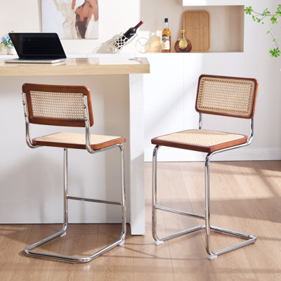 Crumley Natural Rattan 24.8" Cantilever Counter Stool with Cane Rattan Back and Metal Frame