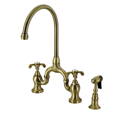 Kingston Brass French Country Two-Handle 3-Hole Deck Mount Bridge Kitchen Faucet with Brass Side Sprayer