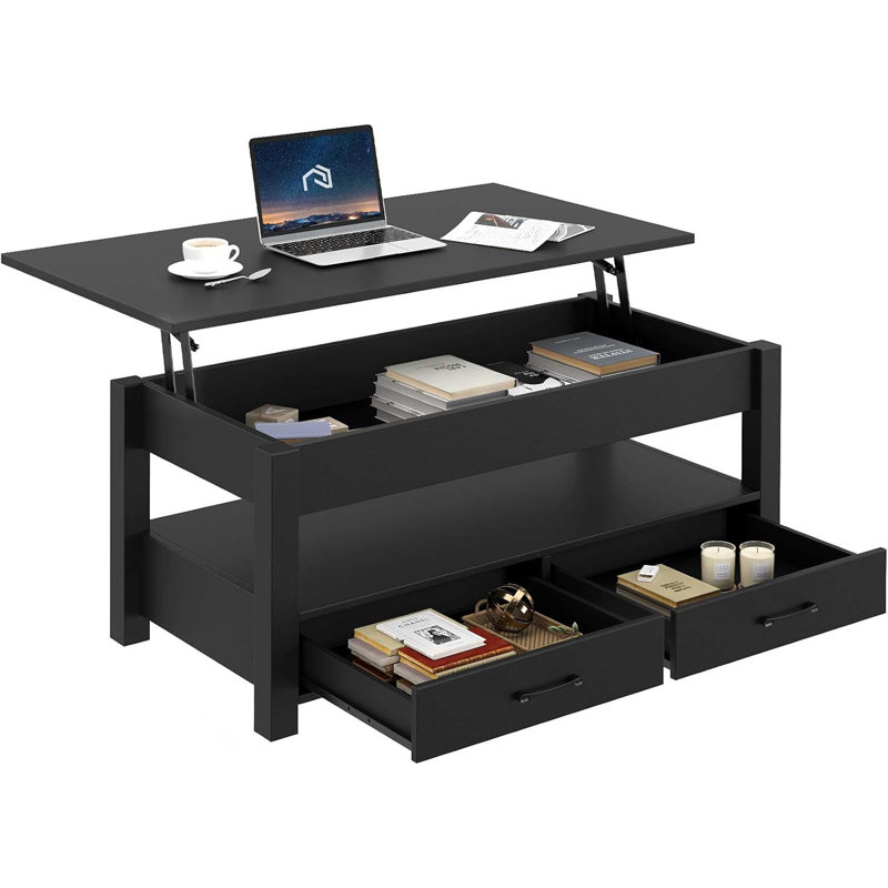 Eoghan Lift Top Coffee Table with 2 Drawers, 18.2" H x 39.4" L x 19.7" W, Black