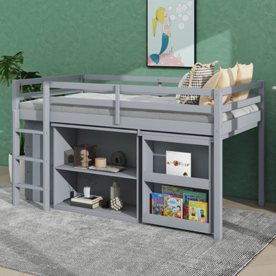 Lit mezzanine simple comprenant un ensemble de tiroirs, une étagère et un bureau coulissant