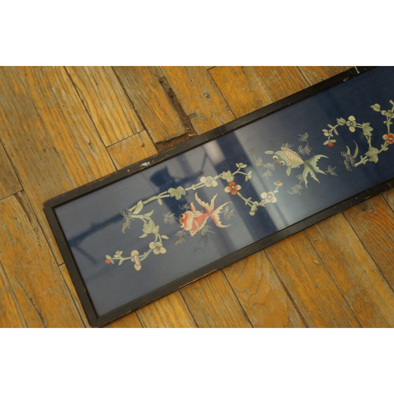 Framed Antique Blue Chinese Koi Fish Design Textile