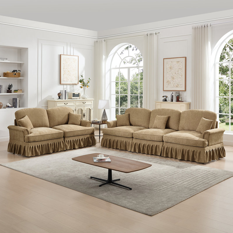 Ensemble de canapé de salon modulaire 2 pièces avec accoudoirs évasés et volants amovibles Classic, Café clair