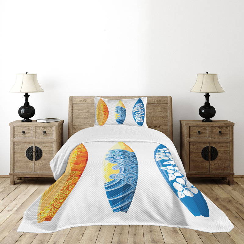 White Twin Kids Unisex Surfboard Quilted Bedspread Set