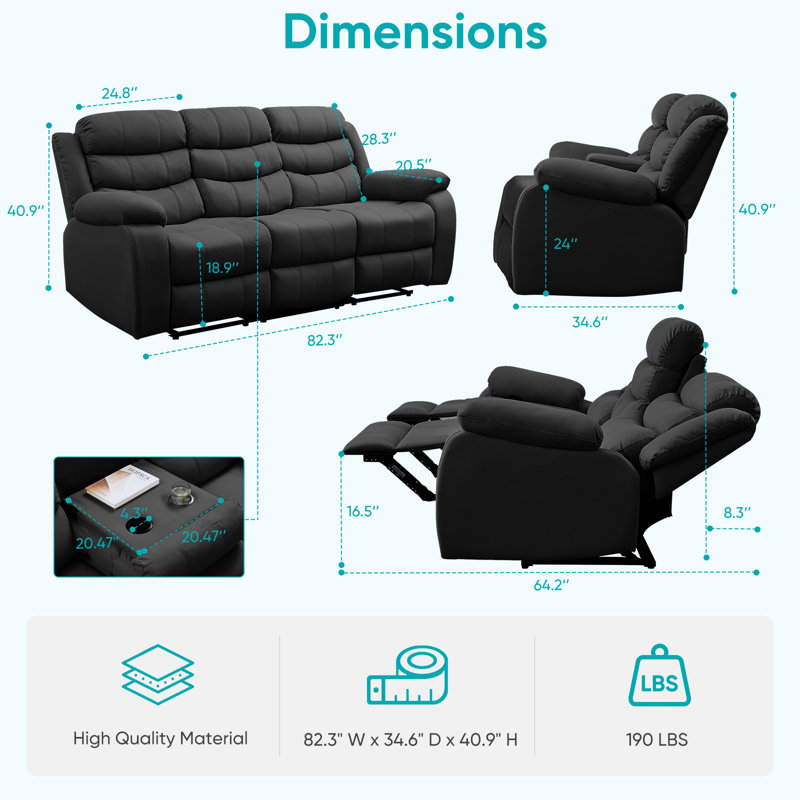 82" 3-Seater Manual Recliner Sofa with Storage & Flip-Up Table - Space-Saving Home Theater Seating with Adjustable Backrest & Cup Holders