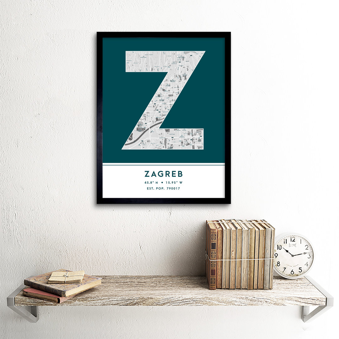 Zagreb City Map Zagreb Teal by Wee Blue Coo - Single Picture Frame Typography