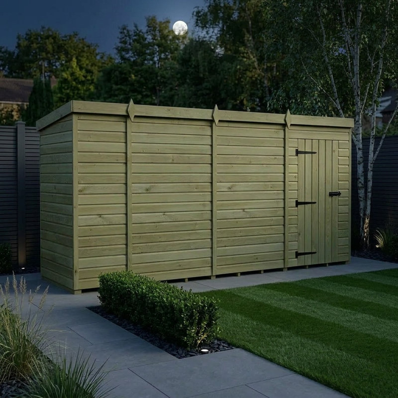 Total Sheds 14ft x 4ft Pent Garden Shed - Single Door - No Windows - Pressure Treated Timber - UK Manufactured