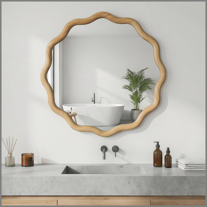 Miroir décoratif rond en bois massif ondulé de couleur chêne 24 pouces, H 24 po x l 24 po, Oak, Round