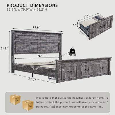  Farmhouse King Size Bed Bed Frame with 51" Tall Headboard, Wood Platform Bed Frame