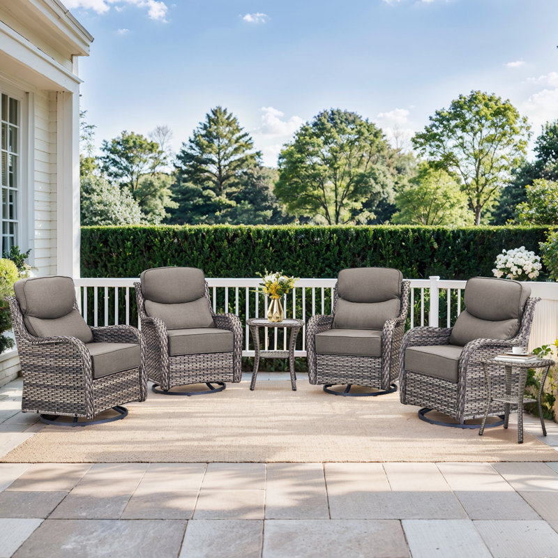 Meriline 4 - Person Outdoor Wicker Conversation Set With Swivel & Glider Chairs And Tempered Glass Side Table, Gray, Gray