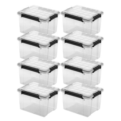 Sterilite 34 Qt Gasket Box, Stackable Storage Container with Lids, Black, 8 Pack