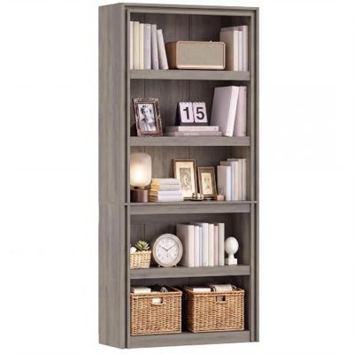 71" Tall 5-Tier Open Bookcase, Floor-Standing Bookshelf Display Storage, Adjustable Shelves, Farmhouse Style, Anti-Tip Kit, Light Ivory Gray, Basic Model