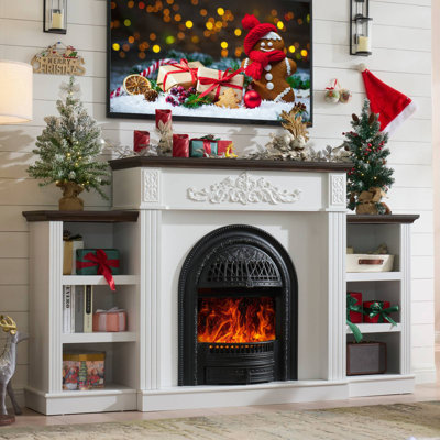 78" Electric Fireplace with Mantel,Farmhouse Electric Fireplace TV Stand with 30" Electric Fireplaces Heater,Entertainment Center with Storage,3D Realistic Flame, Wooden Carved Decorative Mantel