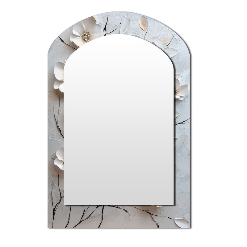 White Blooming Lilac Melody III - Petunias Asymmetrical Mirror, White Arch Unique Wall Mirror, Printed Metal Art, 43" x 33"