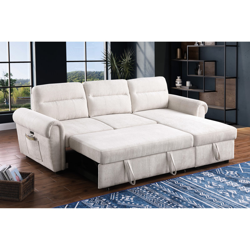 Reversible Sectional With Beige Chenille, And Organized Storage Chenille Sleeper Charging Ports Chaise