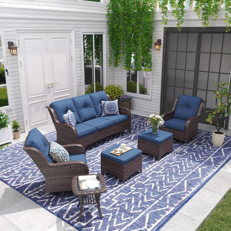 Ensembles de conversation d'extérieur Pe Wicker, Coussin bleu marine / structure brune