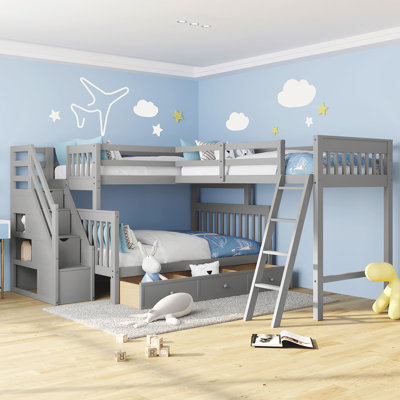 Eilidhmay Twin over Full L-Shaped Bunk Bed With 3 Drawers, Ladder and Staircase -  Harriet Bee, 48E05BD80A8C458DB8414EEA20CAEC65