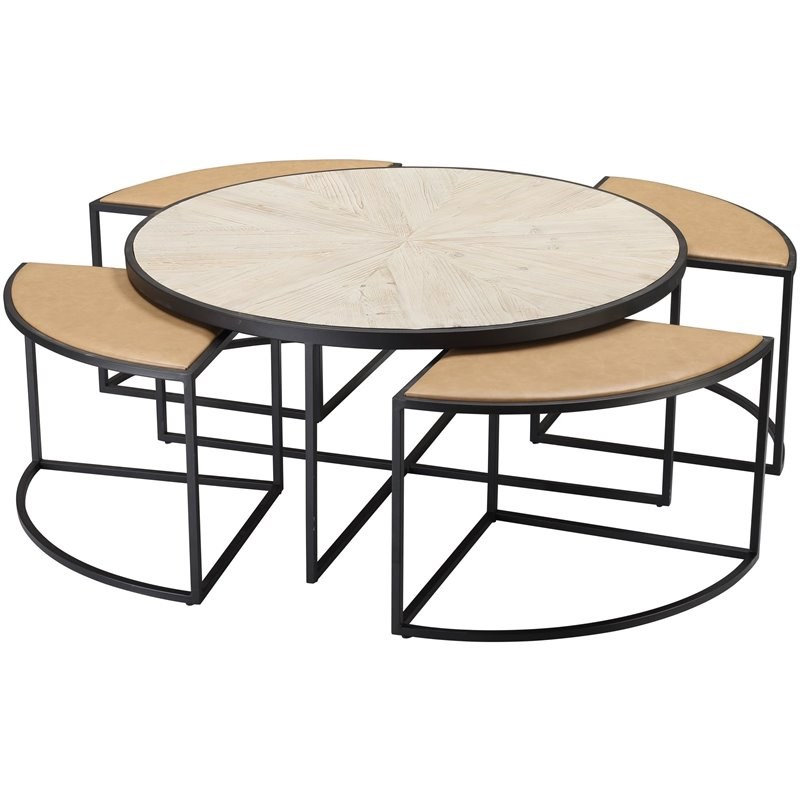 Ensemble de 5 tables basses gigognes avec tabourets brun clair Pembrely Row