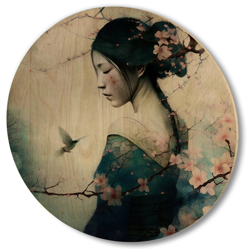 Vintage Japanese Woman With Cherry Blossoms - Unframed Print on Wood, 23" H x 23" W x 1" D
