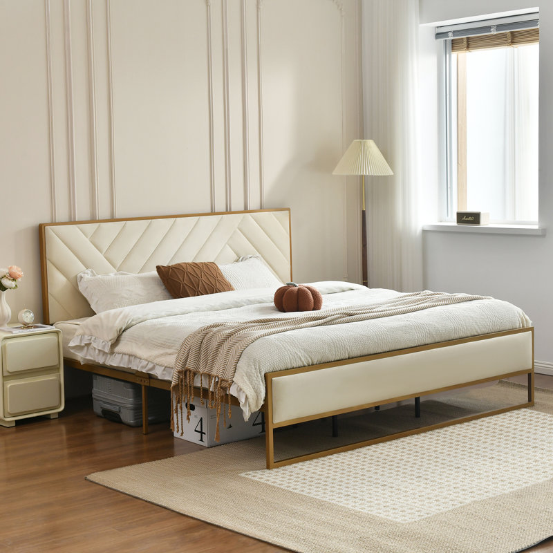 Lit plateforme tapissier Sheila avec tête de lit capitonnée en velours, Double, Beige