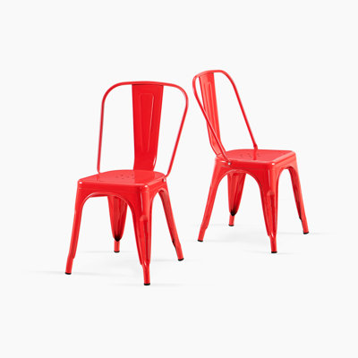 Chaises de salle à manger industrielles en métal rouge brillant, hauteur d'assise 45,7 cm (18 pouces), ensemble de 2, empilables, pour intérieur et extérieur, légères, faciles à assembler, design moderne, utilisables à l'extérieur, empilables, faciles à nettoyer.