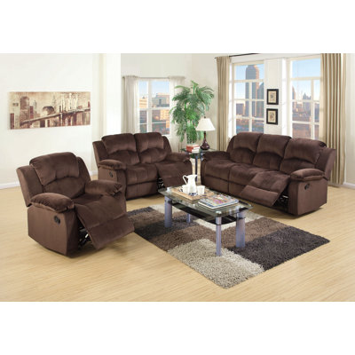 Modern Style 3Pc Living Room Set 1X Sofa 1X Loveseat 1X Recliner Suede Padded Seat Metal Reclining Pillow Arms Cushion Back Chocolate Finish Primary L
