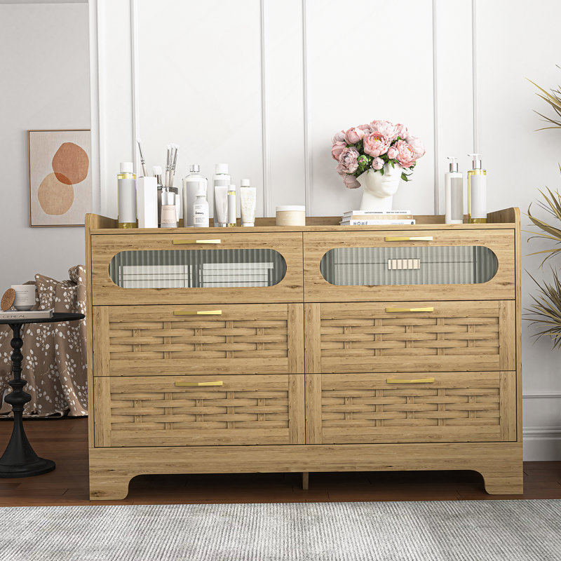 Commode 6 tiroirs en bois pour chambre à coucher, grande commode double avec tiroirs larges