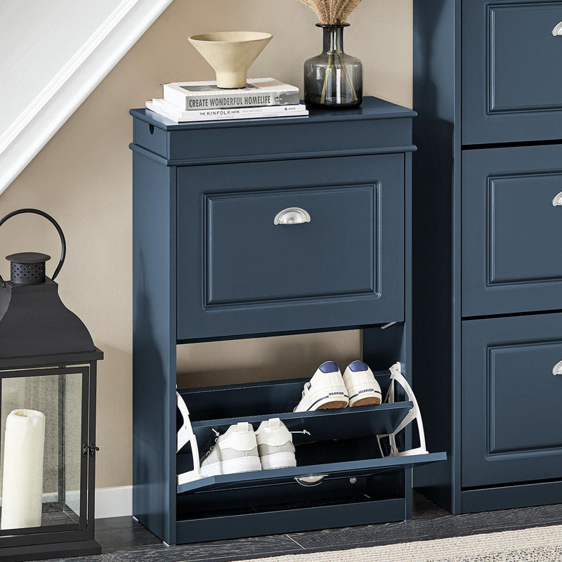 Petite armoire à chaussures bleue avec 2 tiroirs, Bleu, 32.5"H x 21"W x9.4"D