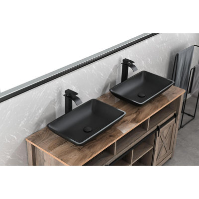 14.38" L -22.25" W -4-3/8 In. H Matte Shell  Glass Rectangular Vessel Bathroom Sink In Black With  Faucet And Pop-Up Drain In Matte Black
