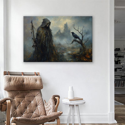Grim Reaper Skeleton And Raven, Abandoned Castle Ruins Moody Oil Painting Canvas Wall Art
