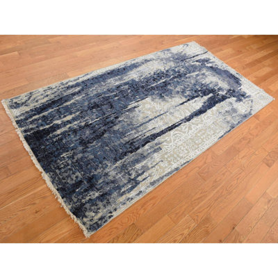 4'x8' Denim Blue Shibori Design Wool Silk Hand Knotted Gallery Size Rug DC5E75DF40E0479B8B7D54C0B499C515