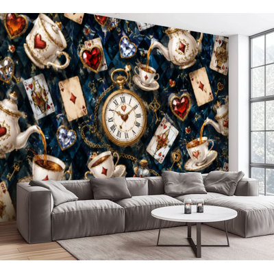 Papier peint adhésif pelez et collez Wonderland, cartes à jouer, montre à gousset, porte-clés, chute, échecs, papier autocollant amovible, décoration murale pour salon, chambre à coucher H 100 po x l 144 po