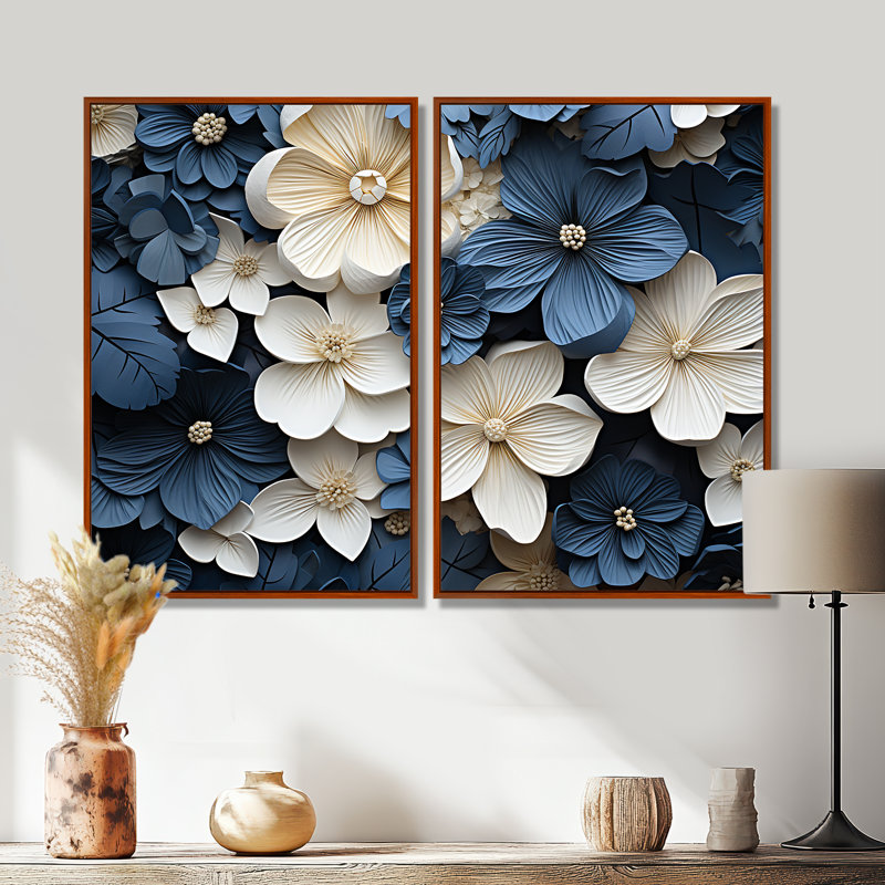 Violettes ornées bleues et blanches - impressions d'art bleues sur toile, Brown, 36" H x 48" W, Impression encadrée flottante