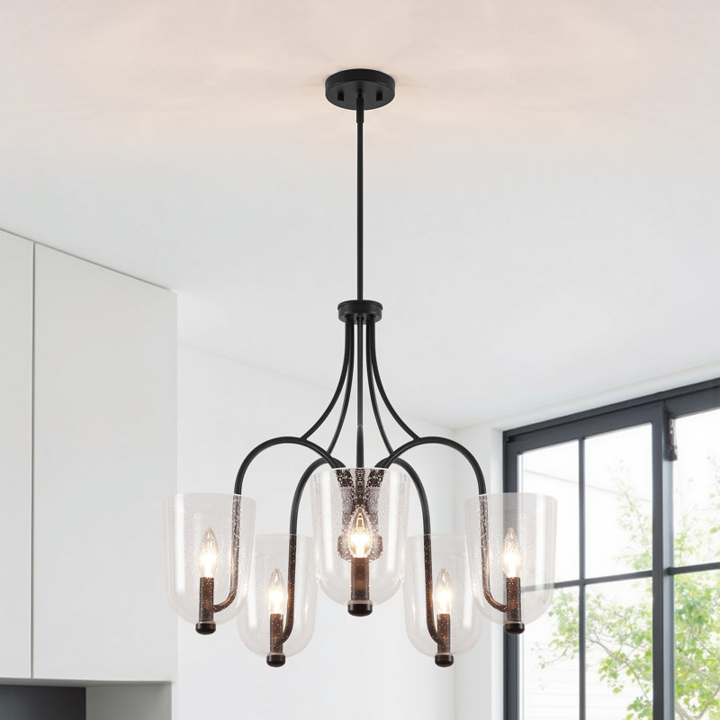 5-light Black Chandelier With Seeded Glass Shades