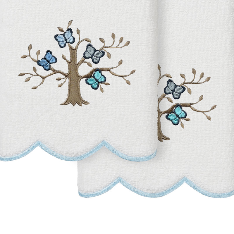  Ensemble de serviettes à main 100% coton festonné 100% coton terreux 2 pièces Teresa, Blanc / Bleu