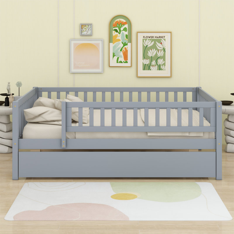 Daybed With Trundle And Fence Guardrails, Grey