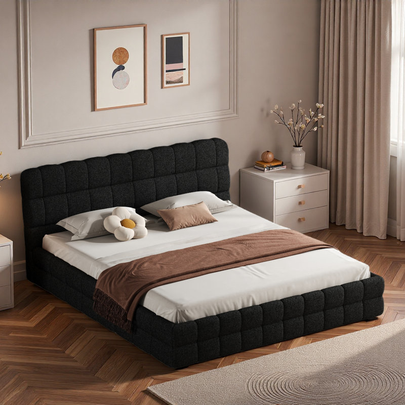 Élégant lit plateforme tapissier avec coutures et soutien solide, Noir