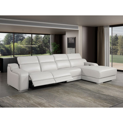 Coronado Light Gray Right-Facing 4-Piece L-Shaped Sectional In Top-Grain Italian Leather With 2 Power Recliner & Adjustable Headrests – Open Seating Design