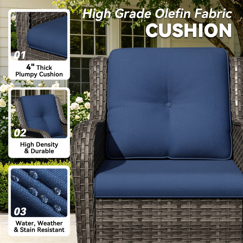 2-Person Outdoor Patio Conversation Rattan Seating Group With 1 Coffee Table,2 Armchairs and Blue Cushions, Blue