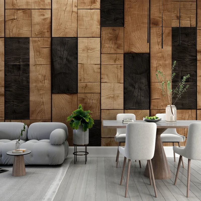 Rustic 3D Wood Block Wallpaper Natural Oak Dark Walnut Geometric Panel Pattern, 96" L x 108" W