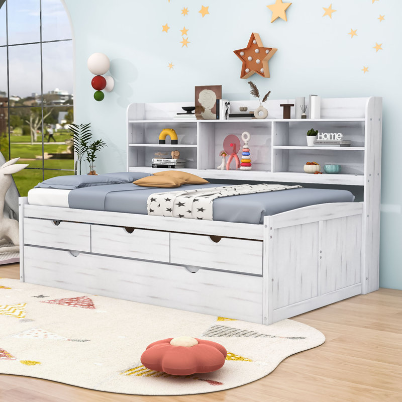 Lit plateforme en bois avec 3 tiroirs Ephinne, Simple, Blanc