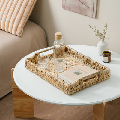 Rectangle Wicker Scalloped Serving Tray with Handles - Seagrass Handwoven Trays,Water Hyacinth Tray for Home Decor and Living Room, Dining Table, Bathroom Organizing, 17.3" L x 13.4" W x 3.6" H
