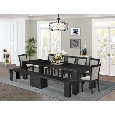 9-piece Dining Room Table Set a Rectangular Dining Table with wooden Benches and 7 Shitake Linen Fabric Dining Chair, Wire Brushed Black