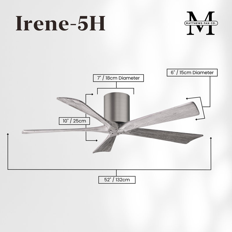 60" Irene 5-Blade Hugger Ceiling Fan with Wall Remote, Brushed Pewter, 52", Walnut Tone