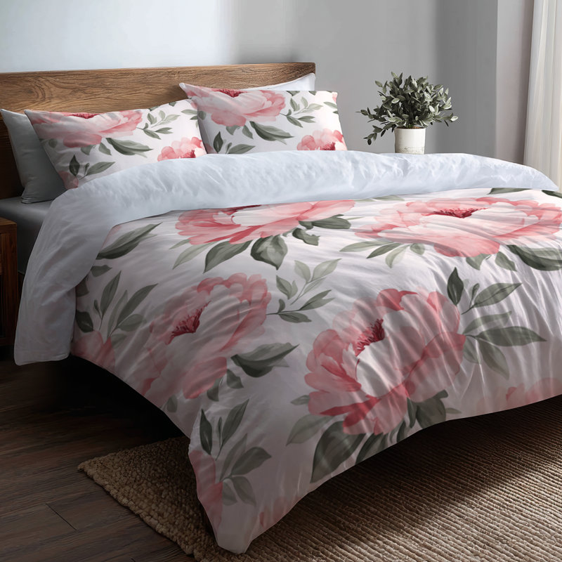 Ensemble de literie à motif floral 3 pièces - Ensemble de housse de couette et coussin décoratif