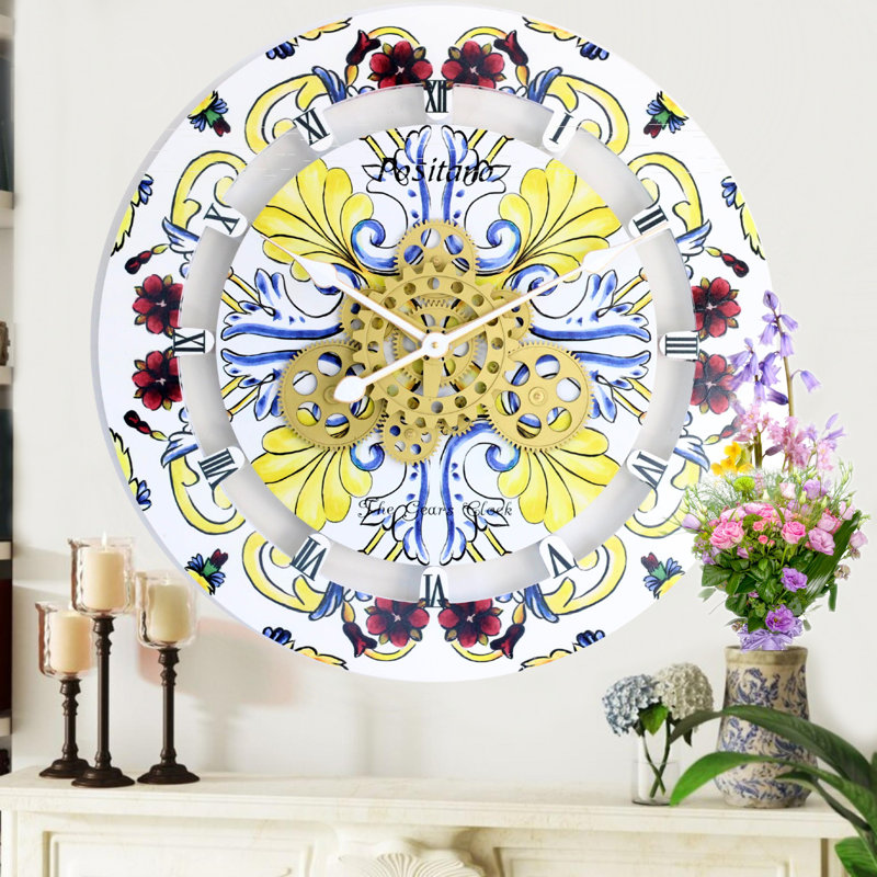 Positano 24'' Multicolor Wood and Metal Wall Clock with Moving Gears
