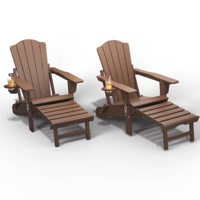 Brown Outdoor HDPE Folding Adirondack Chair with Retractable Ottoman and Cup Holder (Set of 2)