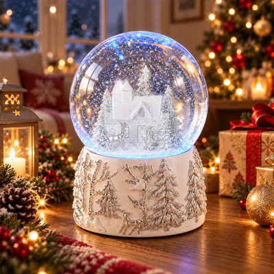 Boule à neige musicale de Noël avec maison d'hiver blanche et cerf, lumière DEL à couleurs changeantes, boule à neige musicale pour décoration de table de Noël
